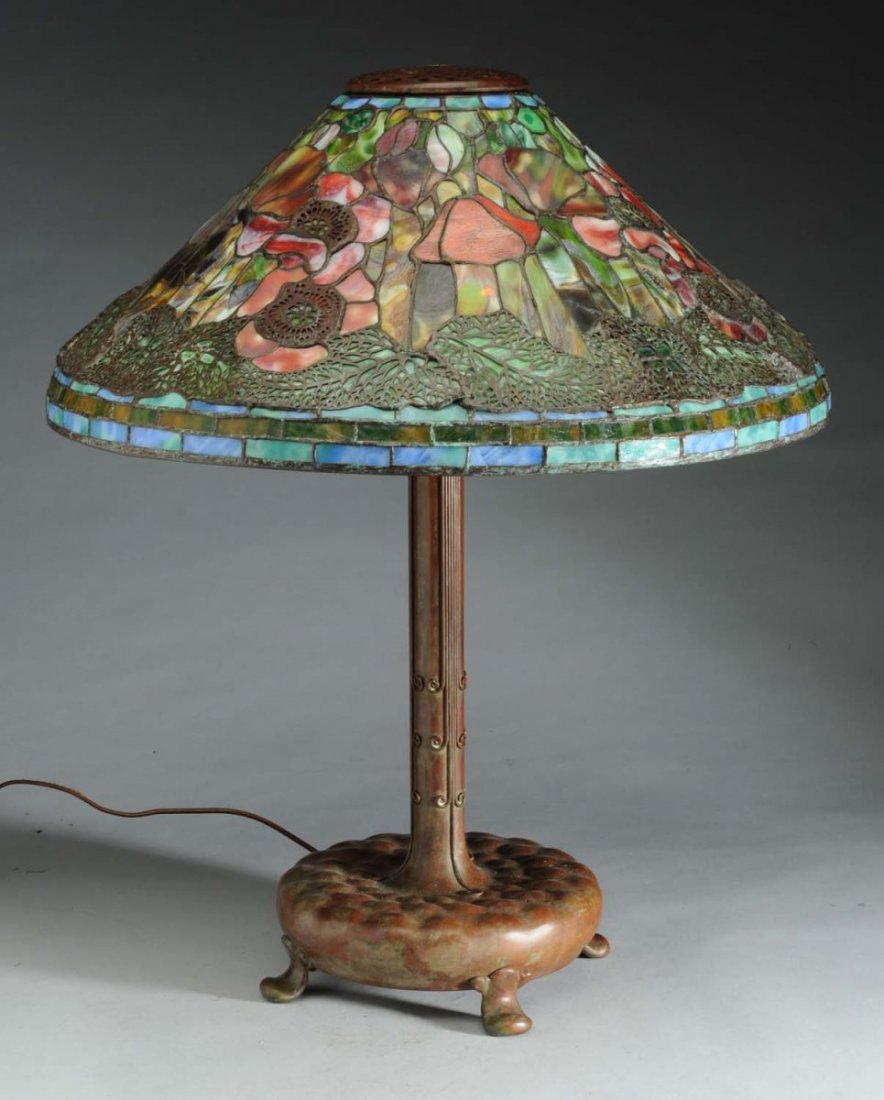 Reproduction Tiffany Lamp: Orange-Red Poppy.: 1960's reproduction signed Tiffany Studios New York shade, no. 1531, with reproduction Tiffany base. Condition Excellent Size Shade 20" D.