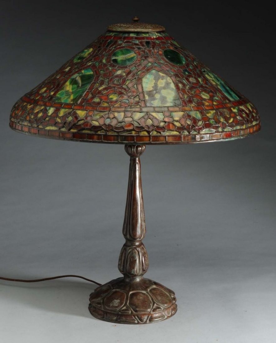Reproduction Tiffany Lamp with Russian Shade.: 1960's reproduction signed Tiffany Studios New York Russian shade, with reproduction Tiffany base. Condition Excellent Size Shade 20" D.