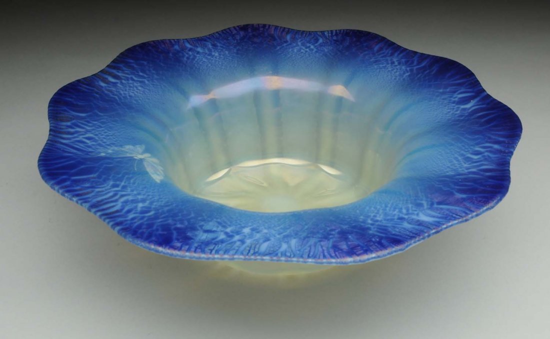 Tiffany Fluted Art Glass Bowl.: With Intaglio butterfly. Signed "Louis C. Tiffany Favrile". No. 5-8073N. Excellent original piece. Condition (Excellent). Size 10" Dia.