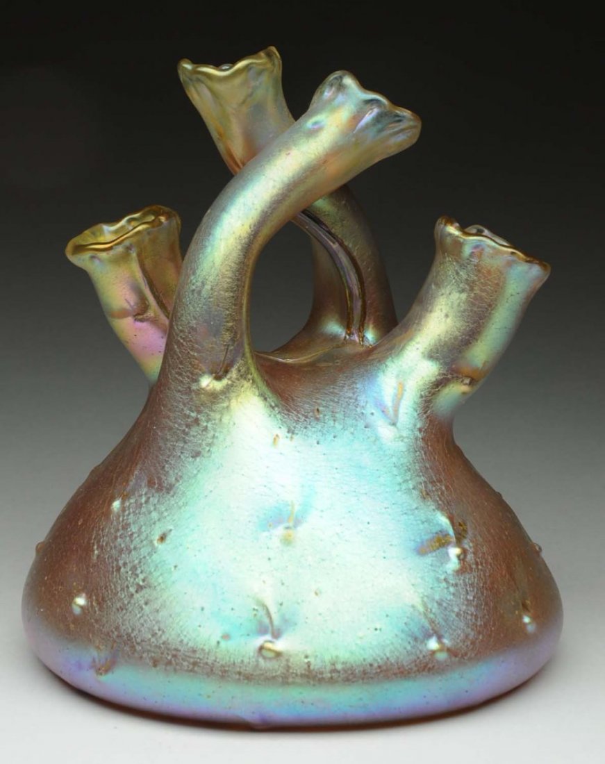 Loetz Glass Koloman Moser Vase.: Gold with four spouts. Professional restoration to a small area of one spout. Circa 1900. Condition (Excellent). Size 9 1/2" T.