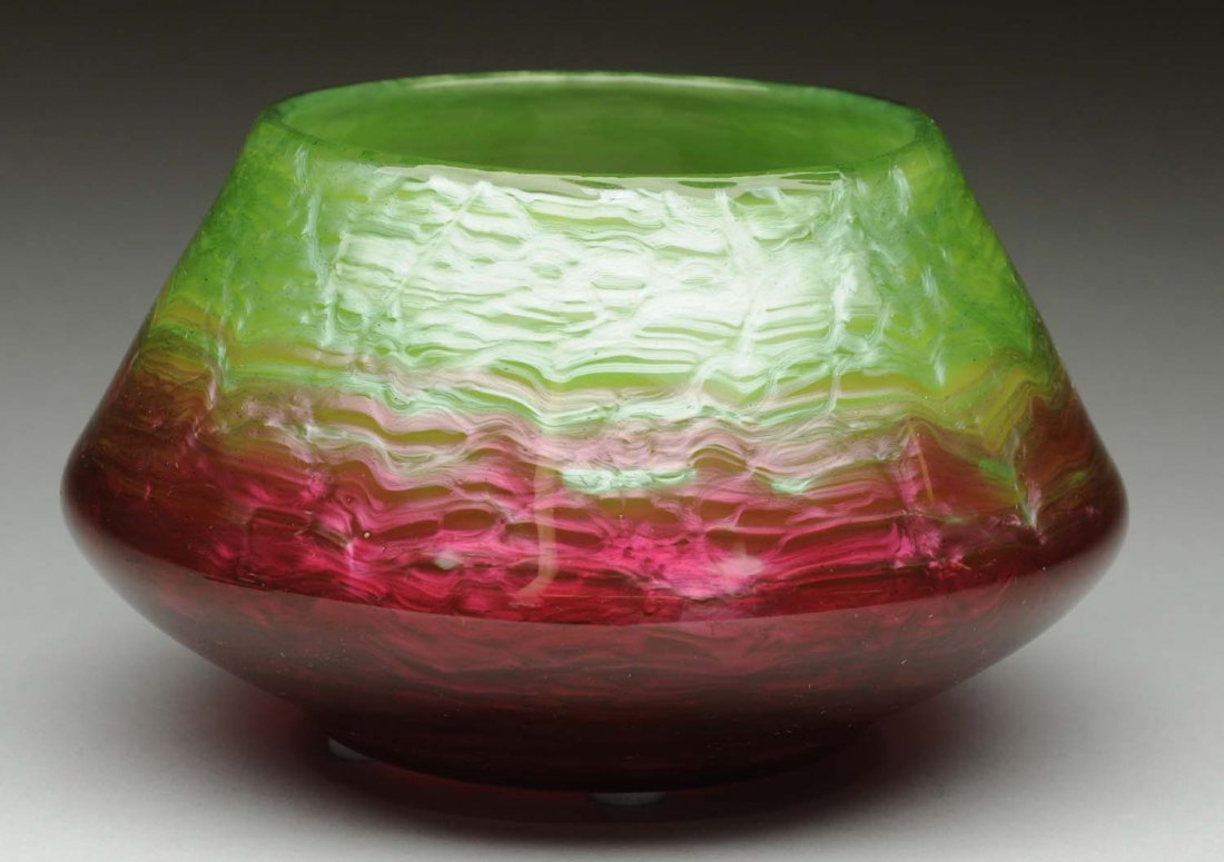 Loetz Red & Green Titania Vase.: Very rare Loetz titania vase in red and green with silvery pulled feather design cased under crystal. Attributed to Marie Kirschner. Condition (Excellent). Size 5 - 1/2" T.