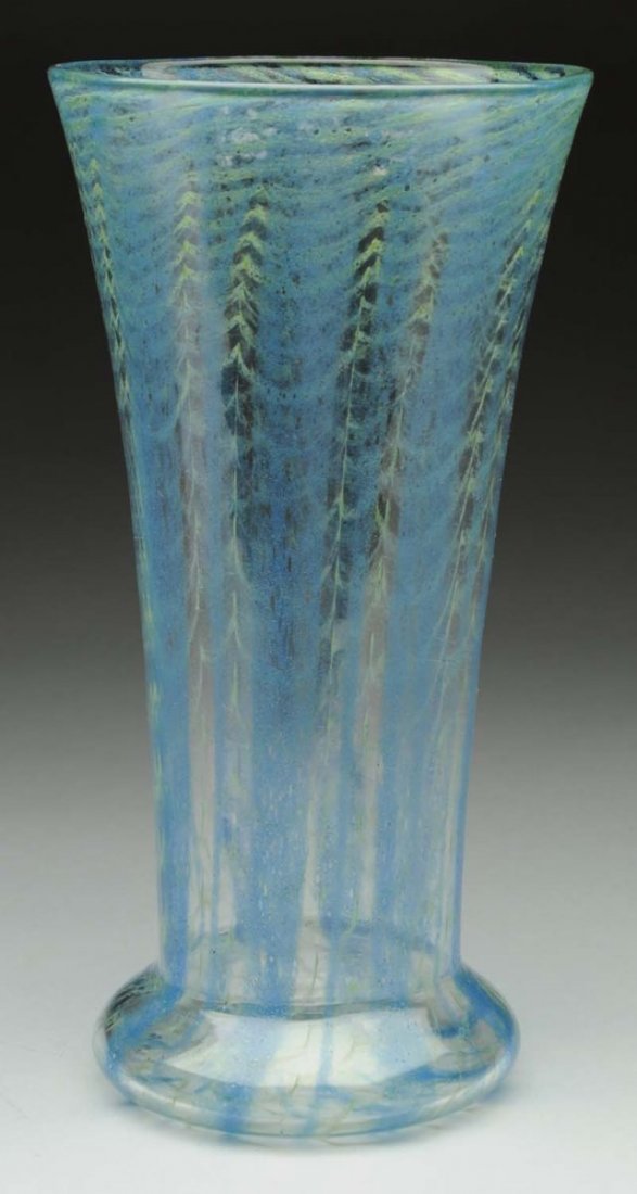 Nash Chintz Vase.: A Chintz ware vase with a striped pattern in green, blue and crystal by A. Douglas Nash, circa 1920s. Signed 68 L NASH on base. Scratch to interior. Condition (Very Good). Size 9" T.