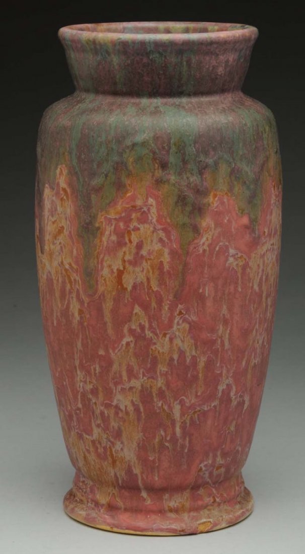 Roseville Carnelian II Red Vase.: Shape No. 315 - 10 in red crayon under base. Thick purple volcanic glaze over red. Small glaze pop to base edge. Condition (Very Good). Size 10" T.