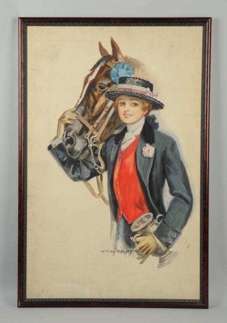 F. Earl Christy. 1882-1961.: "Riding", American Art Works calendar image, 1917. Original illustration art. Oil on canvas. Signed lower center. Size 38" x 24".