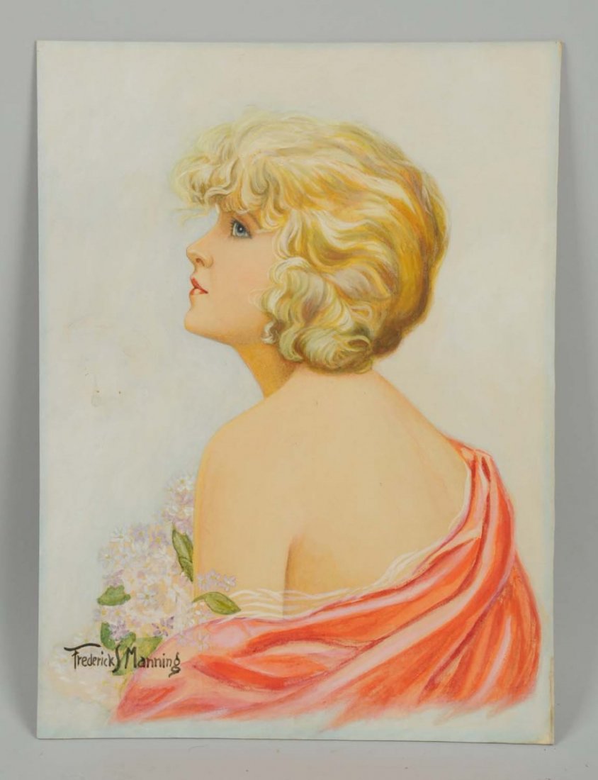 Frederick Manning (early 20th C.): Original illustration art. Gouache on board. Portrait, probably for sheet music cover. Size 13 - 1/2" x 10".