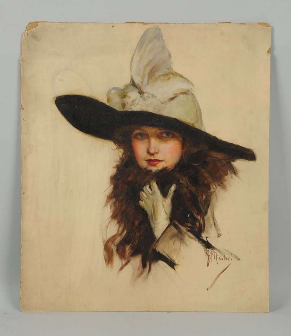 Z.P. Nikolaki.: "Portrait of a Lady". Original illustration art. Oil on board. Unframed. Signed lower right. American Art Works calendar image; also book dust jacket and frontispiece, "Sylvia’s Experiment", by Marg