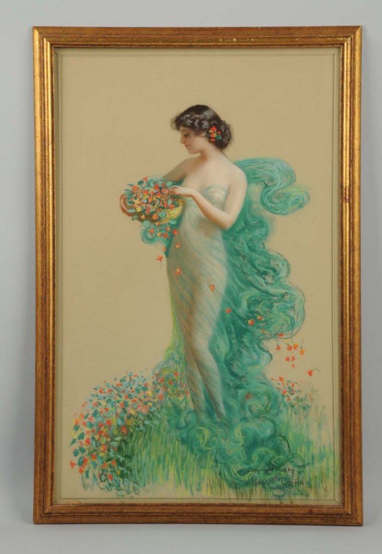 William Haskell Coffin. 20th Century.: Postcard, "Nasturtium", Photo Color Graph Co., 1908. Original illustration art. Pastel on paper. Signed lower right. Size 27" x 17".