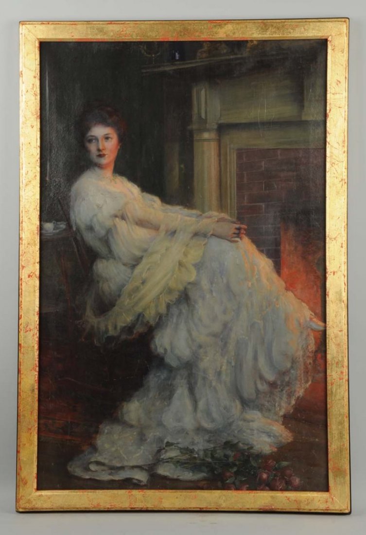 Carle J. Blenner (1862-1952).: "Woman by Firelight", newspaper supply, 1906, also Osborne Co. postcard “Yes, or No?”. Oil on canvas. Signed lower left. Size 45" x 30".CORRECTION: Newspaper supplement, not supply.