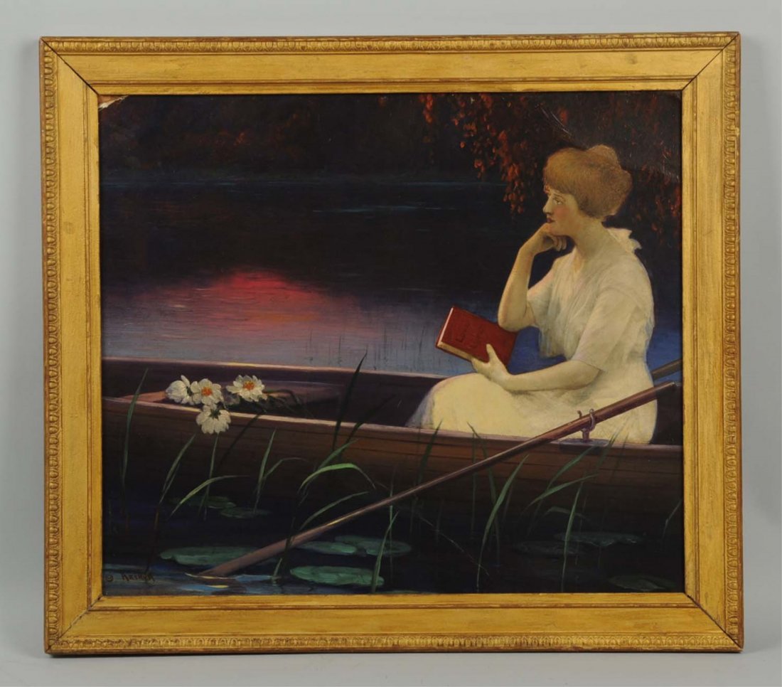 James Arthur.: "Love Lyrics", lady in canoe. Oil on board. Signed Arthur lower left. Size 18" x 21".