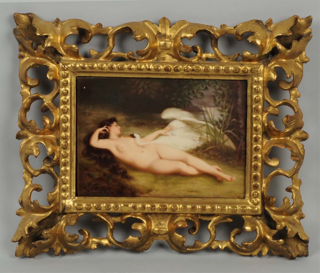 Hand Painted Porcelain of Leda & Swan.: In vintage ornate frame. Painting measures 5" x 7". Unsigned. Fine detail. No damage or repairs. Condition (Excellent). Size 12" x 9 - 1/2".CORRECTION: The back of the plaque is marked KPM.