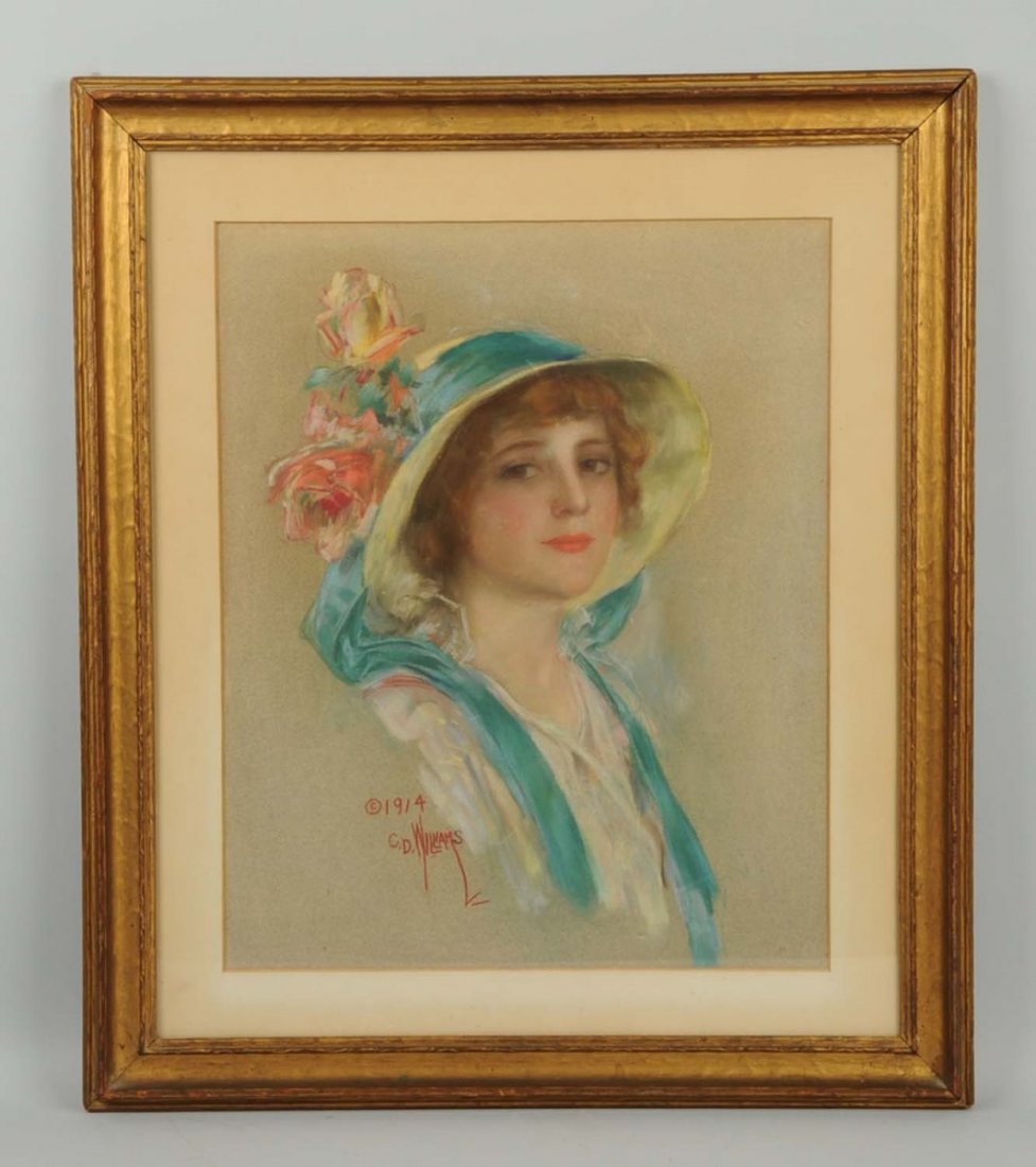 Charles David Williams. 1875-1954.: "The Williams Girl", Osborne Co. calendar image and blotter. Original art illustration. Pastel on board. Signed lower left. Size 20 - 1/2" x 17 - 1/2".