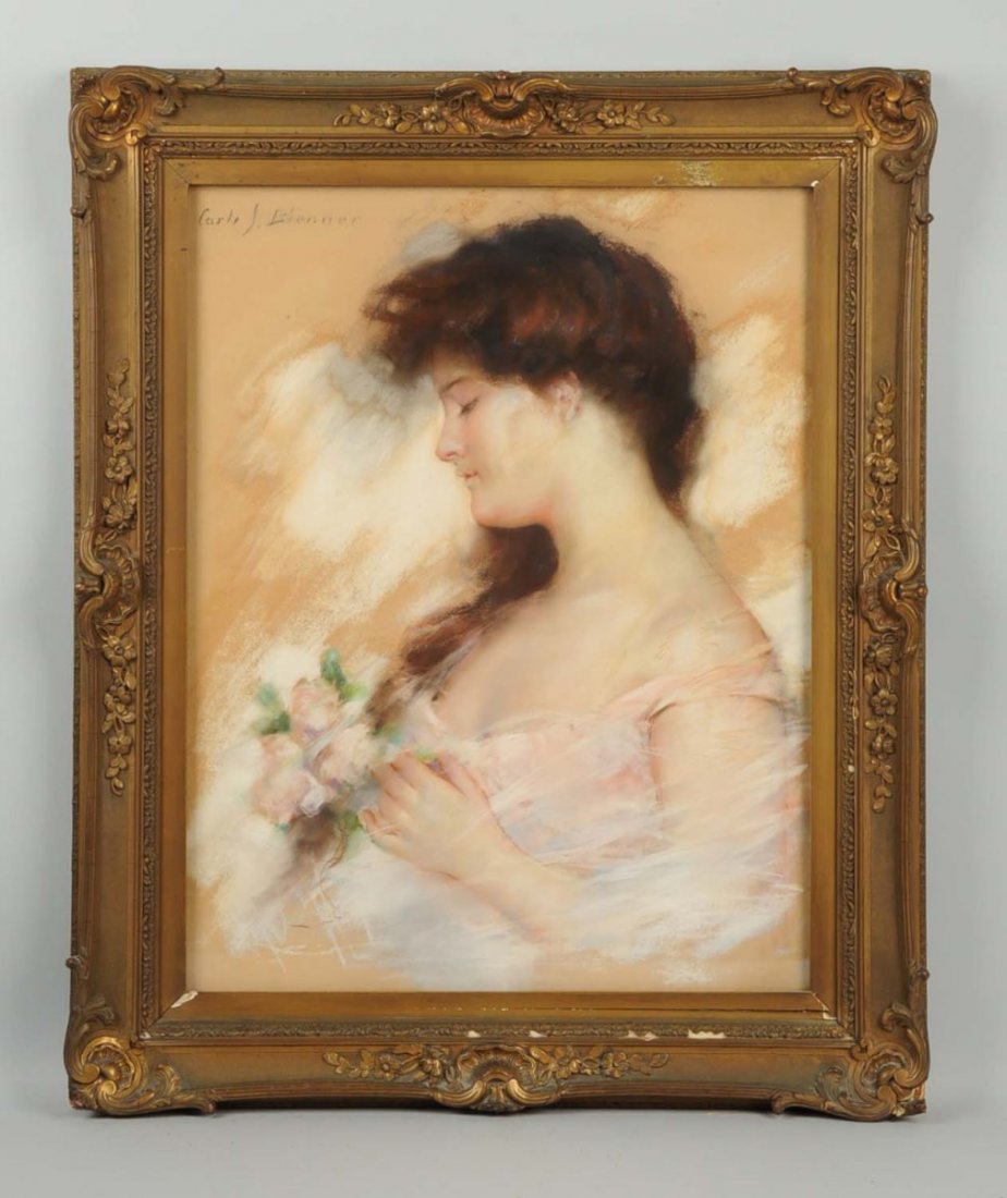 Carle J. Blenner. 1862-1952.: "Love’s Young Dream", American Colortype Co., 1903. Pastel on paper. Framed under glass with original period frame. Signed upper left. Size 27" x 21".