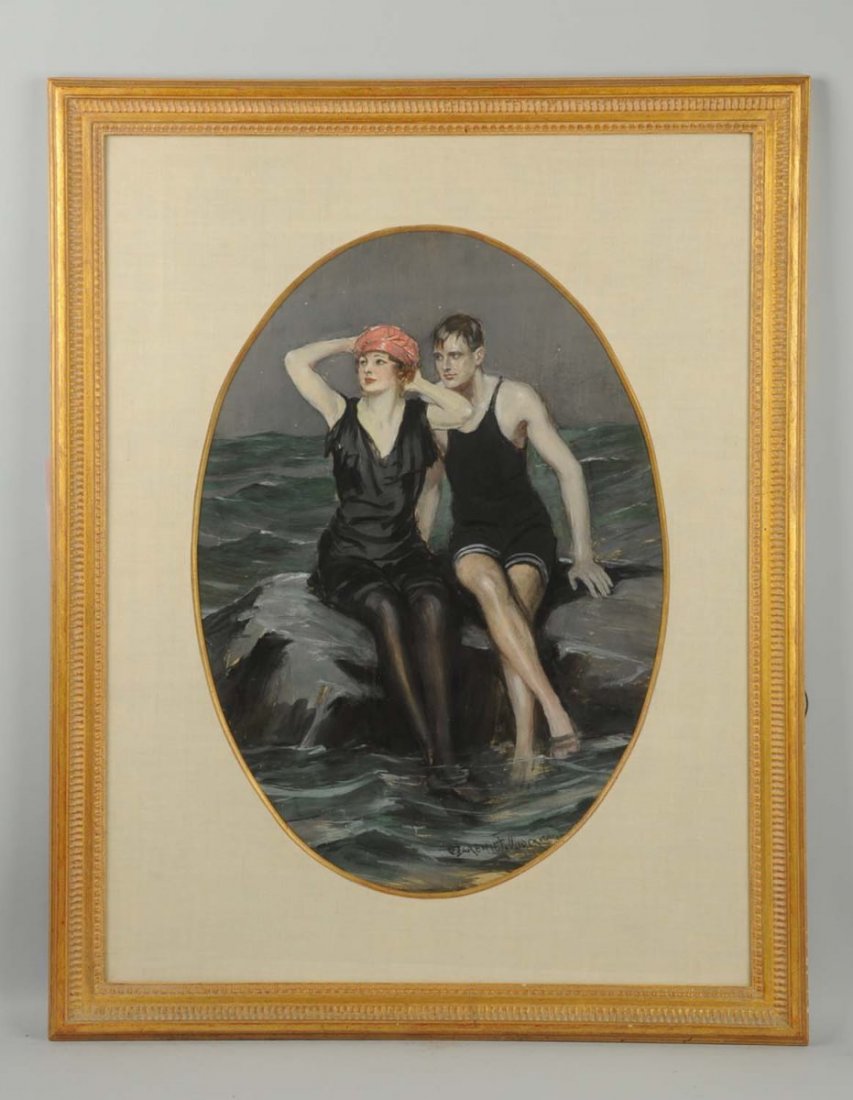 Clarence Underwood. 1871-1929.: "Swimmers", may have been used for a magazine illustration. Original illustration art. Gouache on board. Signed lower right. Size 29" x 20".
