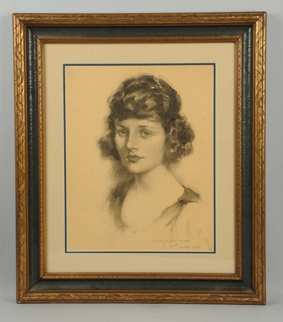 J. Knowles Hare. 1884-1947.: Portrait of a lady. Charcoal on paper. Created 1921. Signed lower right. Size 19 - 1/2" x 15 - 1/2".