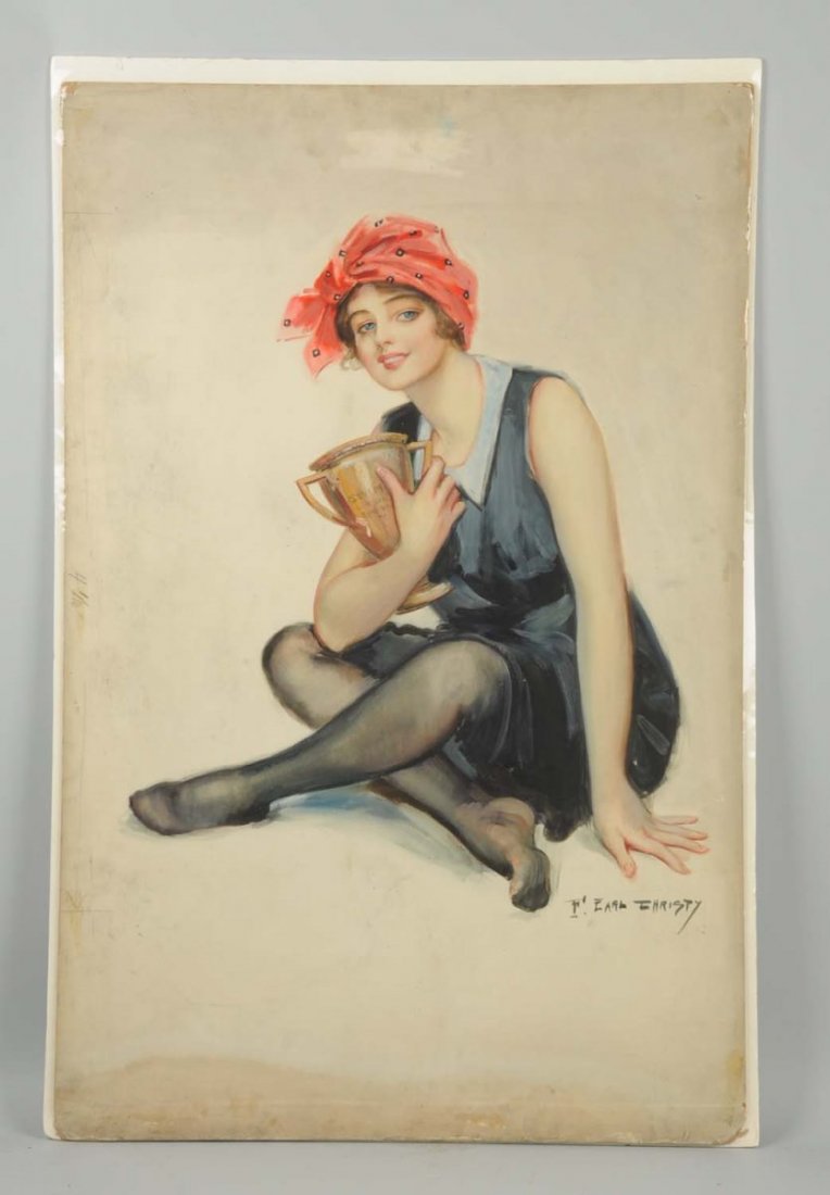 F. Earl Christy. 1882-1961.: "Swimming", American Art Works calendar image, 1917. Original illustration art. Watercolor and gouache on board. Signed lower right. Size 39" x 25 - 1/2".