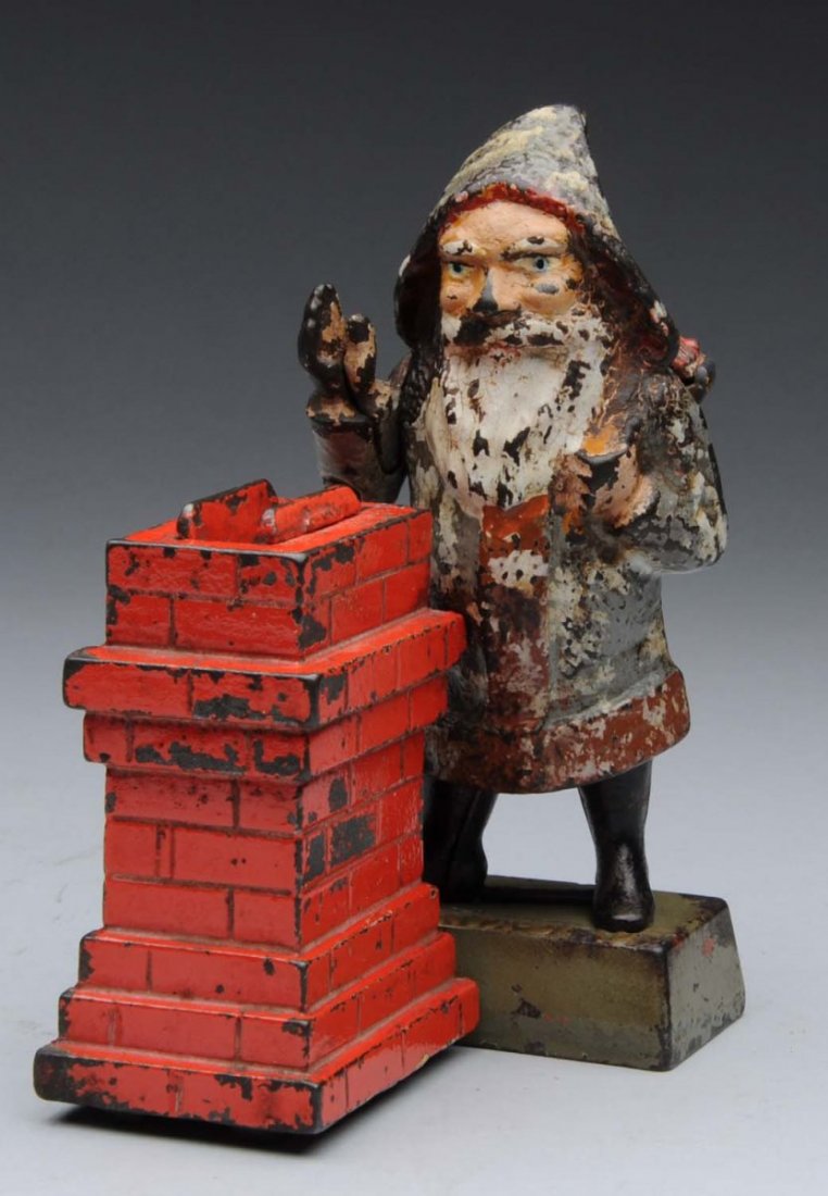 Santa Claus at Chimney Mechanical Bank.: Manufactured by Shepard Hardware Co. All original. Working condition. Grey coat variation. Condition (Very Good - Excellent). Size 6" T.