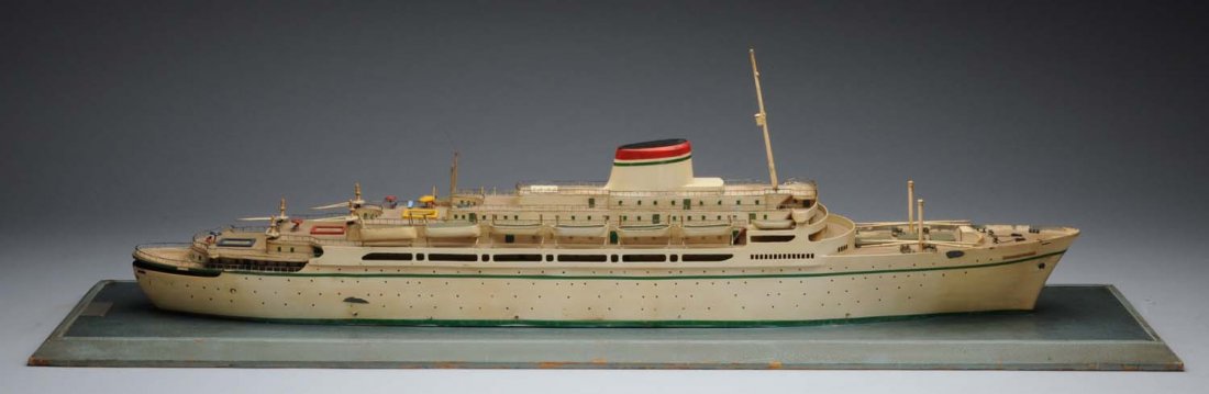 Wooden Ocean Liner Model.: Mounted on base. Has a plaque that says "Giacomo Patron". Must have been put in a travel agency in Italy. No name on front of boat. Very well done. Looks to be pre-war. Condition (Excellent). Size Bas