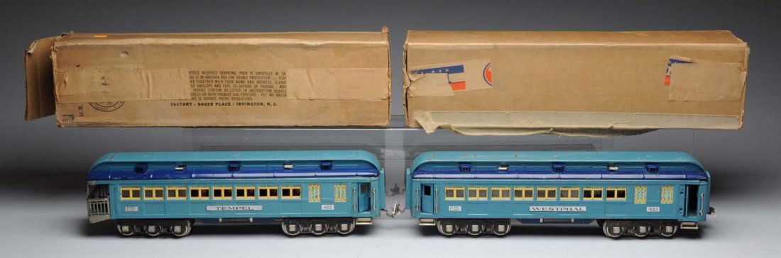 Lot of 2: Lionel Standard Gauge Blue Comet Cars.: Pre-war passenger cars. Includes a 421 Westphal passenger car, and a No. 422 Tempel observation car. Both have original boxes. Boxes are both missing a couple of inside flaps on one side. Westphal car