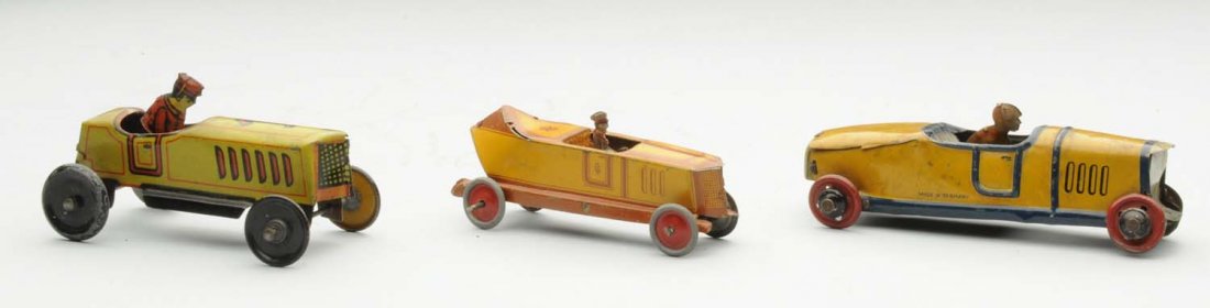 Lot of 3: German Tin Litho Penny Toy Autos.: Lot includes: Botel racer, No. 1 racer, Standard racer. Some general overall wear. Condition (Very Good). Size Largest : 4" L.