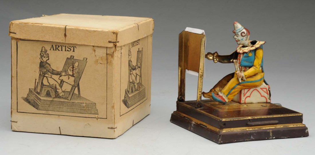 Very Scarce Tin Litho Vielmetter Clown Artist Toy: German. This is the only toy made by Vielmetter. Circa late 19th early 20th century. Clown is operated by crank. Clown draws a bust of Queen Victoria. Unbelievably scarce original box; has depictions 