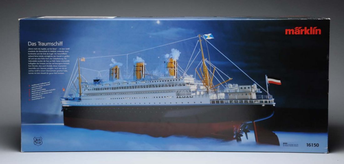 Marklin Replica Steamship Toy.: Contemporary clockwork. Comes with original box, which is marked "16150". Boat is marked "Viktoria". Condition (Near Mint). Size 42" L