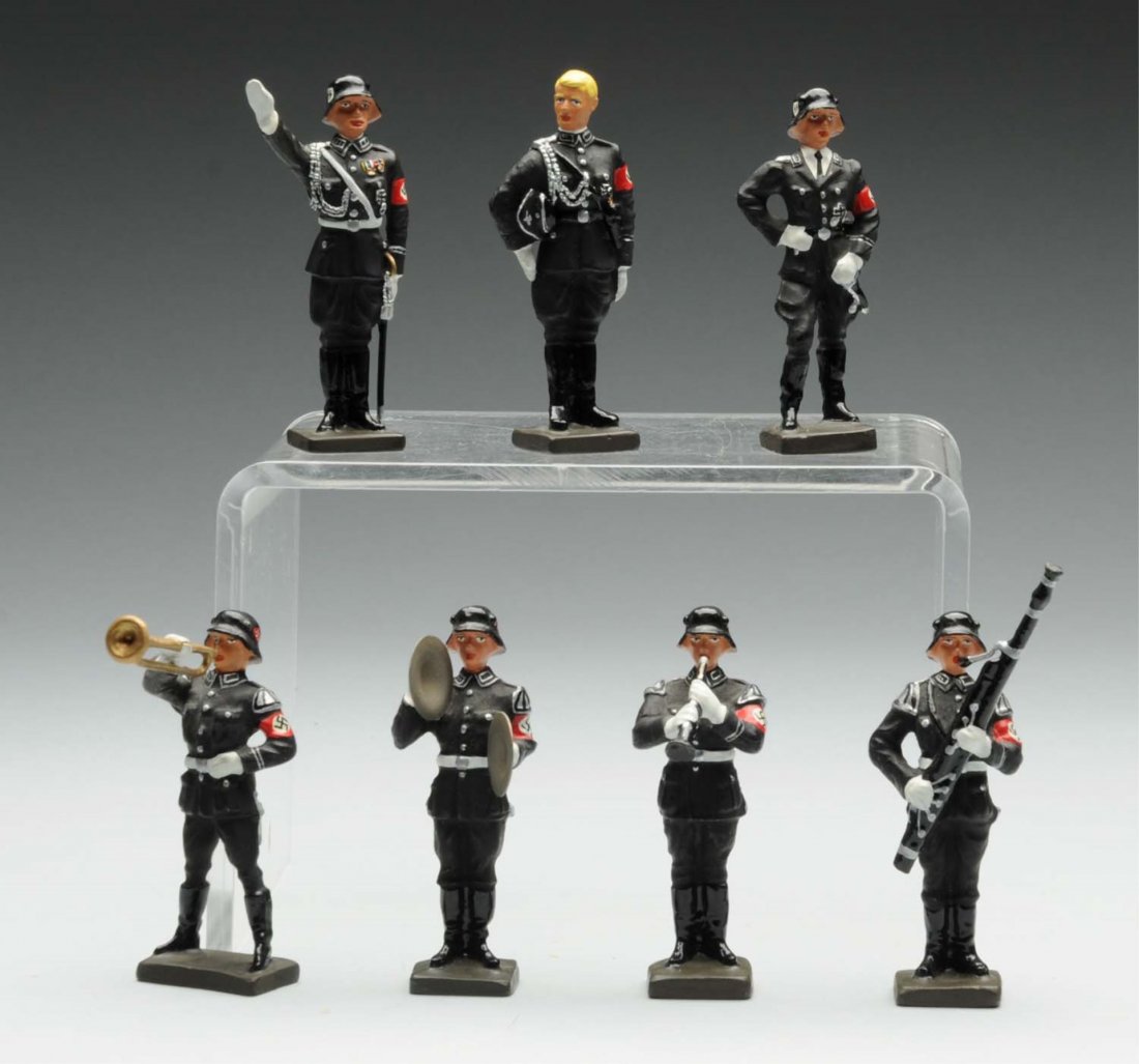 Lot of 7: Contemporary German S.S. Nazi Band.: Metal Lineol figures. Some marked "Made in USA" and others marked "Made in Germany". Seven figures depicting various band leaders and players. Very little wear. Condition (Excellent). Size Each: 3" T.