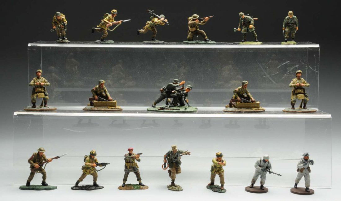 Lot of 18: Contemporary Britains German Soldiers.: Depicts World War II Germans in various fighting positions. Marked "Made in China 2003" on bottom. Condition (Very Good - Excellent). Size Largest: 2 - 1/2" T.