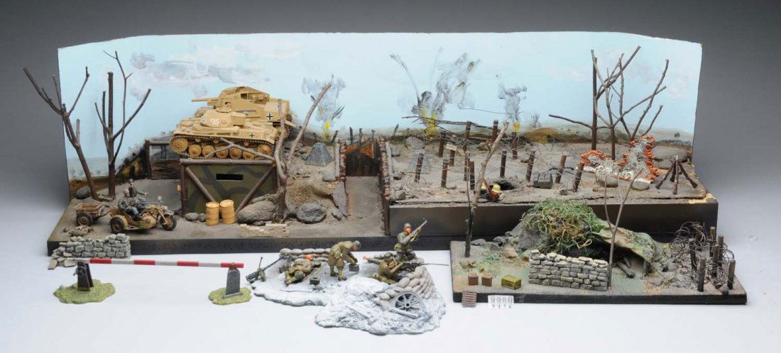 Elaborate Scratch-Built WWII Diorama.: Includes World War II depiction of a German battlefield with contemporary metal German soldiers, five plastic tanks, motorcycle with sidecar, and tin and wooden battle pieces. Very well made. Some wea