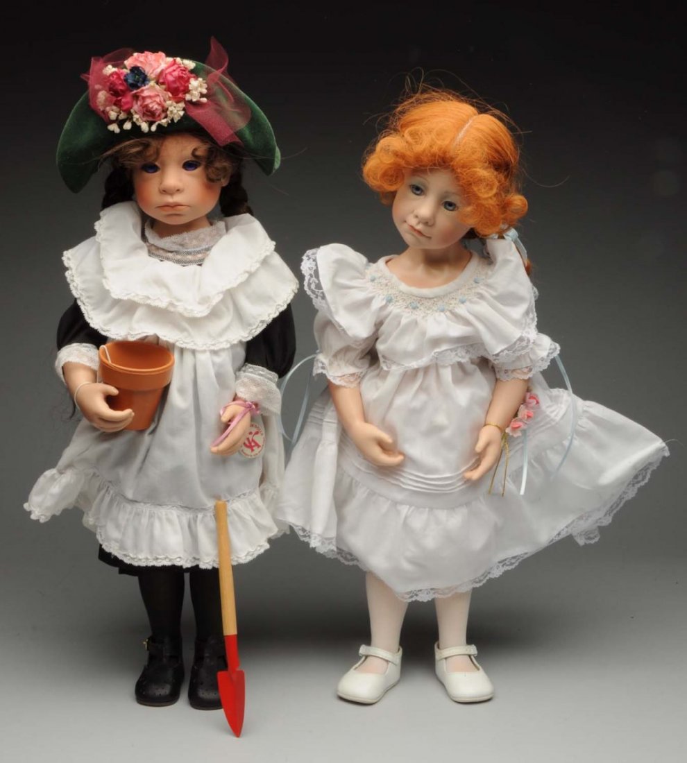 Lot of 2: Julie Good-Kruger Dolls.: Red-haired “Everything Nice” signed No. 1863 11/8/89 and “Mistress Mary” signed and dated 1992. Both are all original. Very expressive character doll faces! Condition (Very Good). Size 20" T.