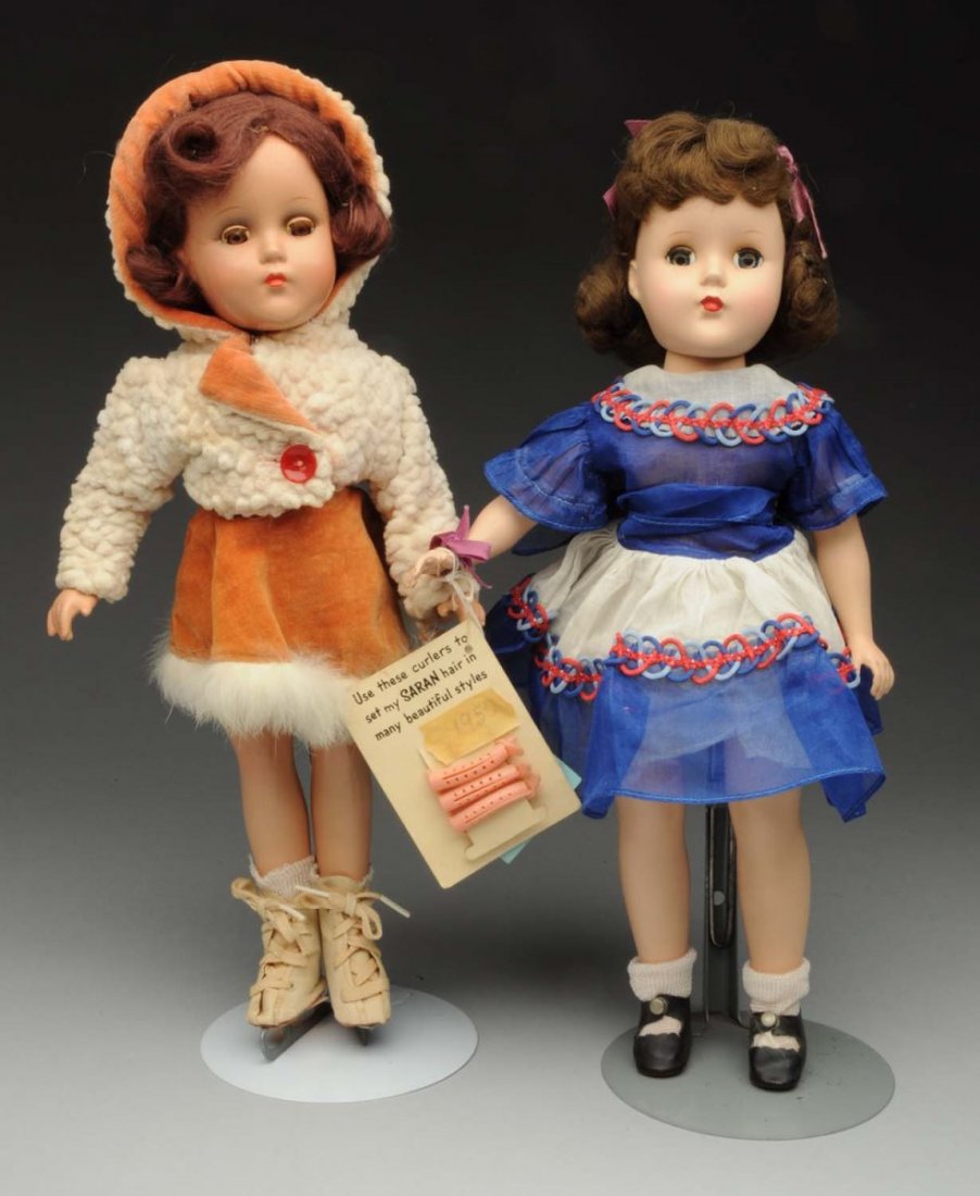 Lot of 2: Arranbee Dolls.: All-composition skating doll marked R & B, original mohair wig, perfect lashed sleeping eyes, rosy cheeks, (light overall crazing), all original outfit. Hard plastic “Nanette” walker, totally orig