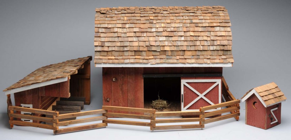 Circa 1950 Doll House Barn and Shed.: This barn and shed group was made around 1950. Well done. Light wear and a few small breaks. Condition (Very Good Plus). Size 21" L.