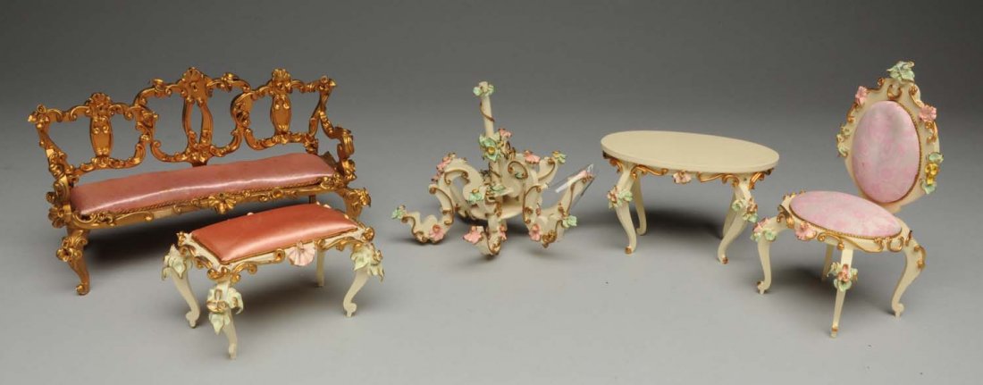 Lot of 5 Pieces Spielwaren Doll House Furniture.: Very ornate painted wood furniture with label on bottom “Spielwaren Puppen-Mobel Made in Germany,” chair, oval table, rectangle table, settee, and chandelier (no label on chandelier). Very nice gr