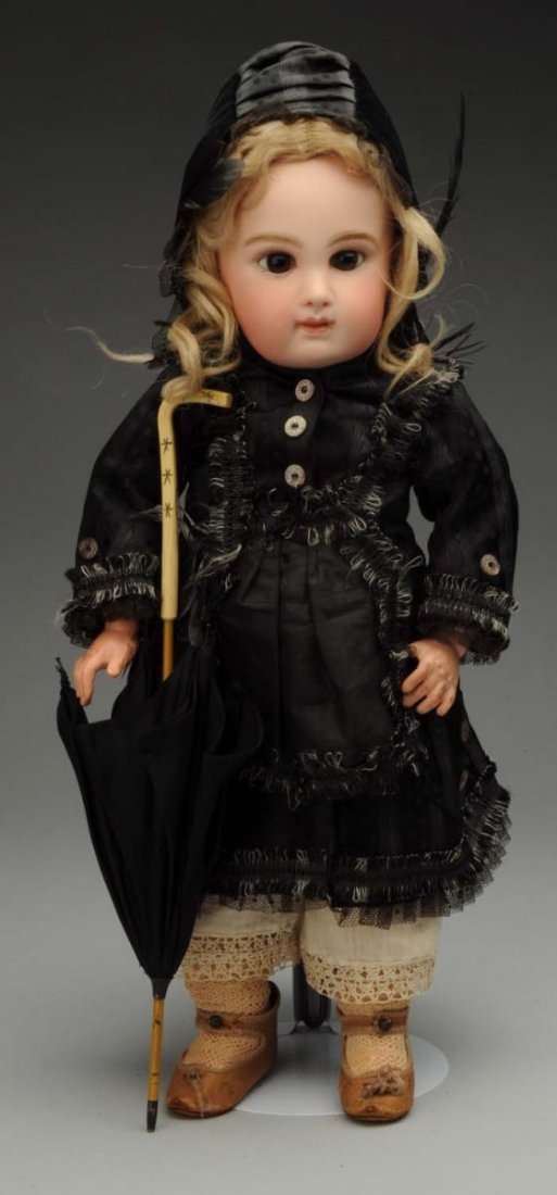 Pretty Jumeau Bébé Doll.: French bisque socket head with full red stamp “Depose Tete Jumeau Bte SGDG 7” (1-1/2” hairline at side neck socket), multistroked eyebrows, brown paperweight eyes, painted lashes, mauve eye shad