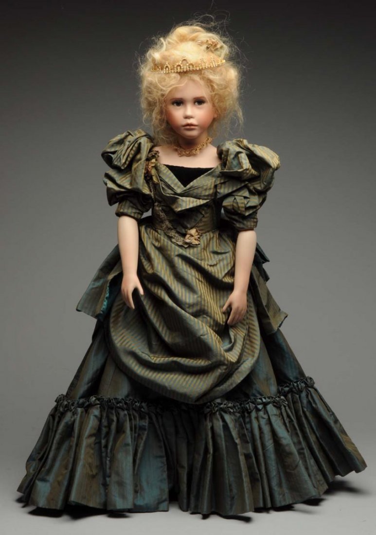 John & Angela Barker Original Artist Doll.: England, ca. 1995, fine quality bisque socket head with painted features, glass eyes with lashes, blonde mohair wig, on fully articulated composition body with rolling shoulders, long graceful arms wi