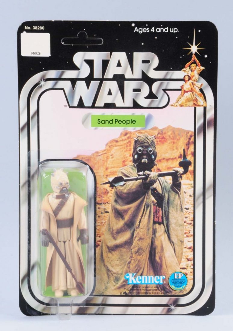 Star Wars Sand People Carded Figure.: Circa 1977, Kenner, Hong Kong. Unpunched. The lower left hand corner of the card has a very minor bend. The figure and bubble are in pristine conditions, the figure is the 12-pack early edition. The c