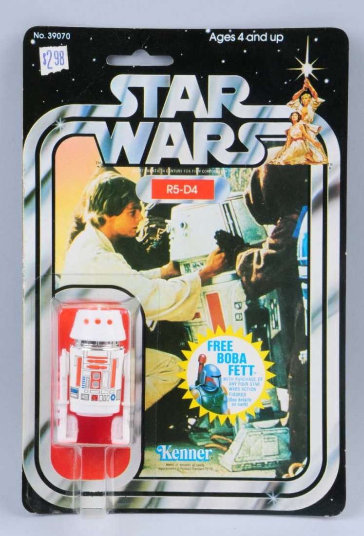 Star Wars R5-D4 Carded Figure.: Circa 1978, Kenner, Hong Kong. Punched. The card has a slight bent area on the upper left hand corner. The original price tag is also attached on the upper left hand corner of the card. A part of the 
