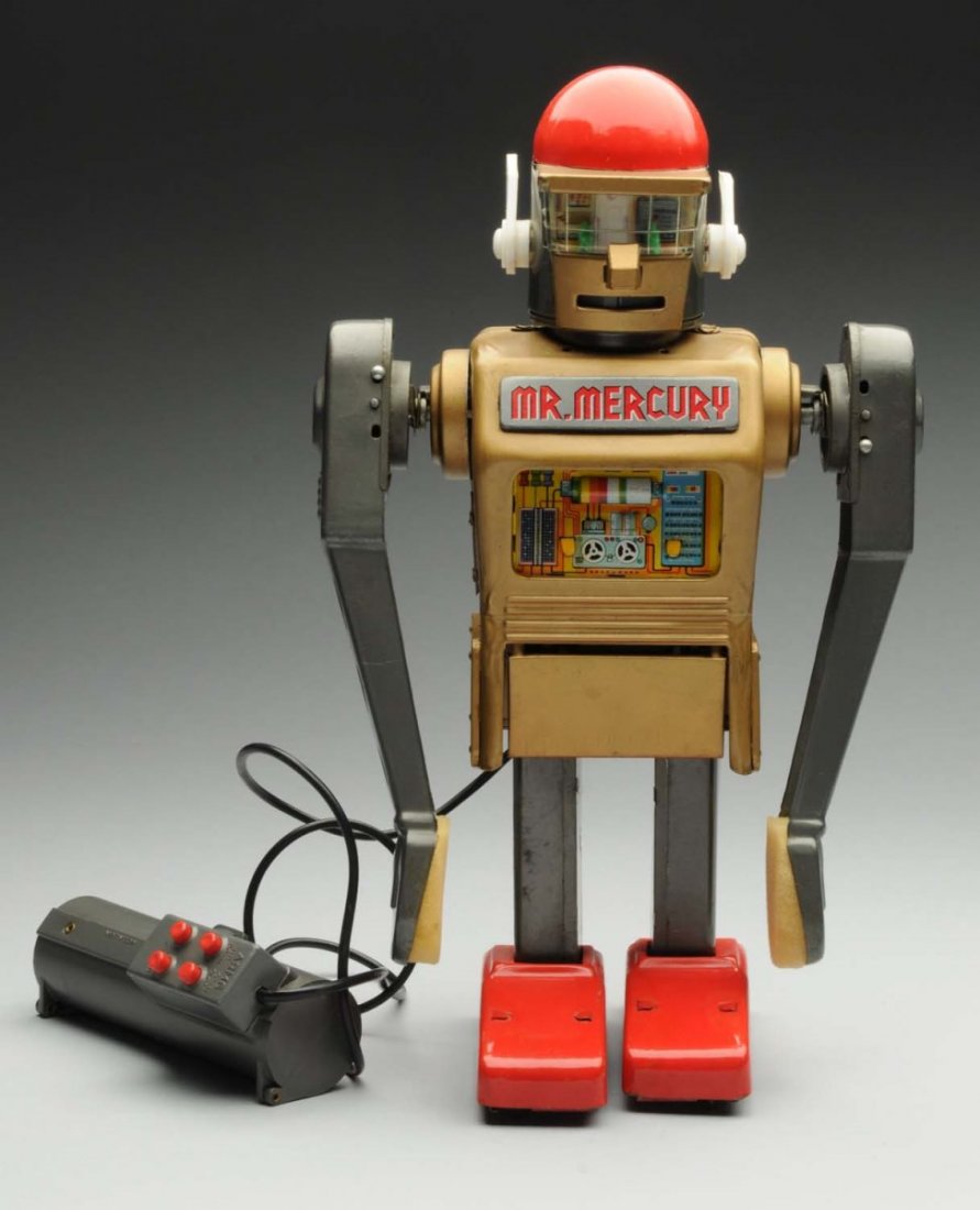 Japanese Battery Operated Mr. Mercury Toy.: Gold version. Remote control. Replacement hand pads. Some rubbing and scratching and wear. Condition (Very Good - Excellent). Size 13" T.