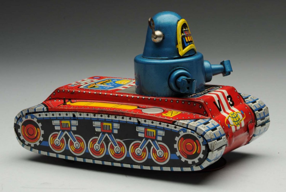 Tin Litho Crank Wind V3 Robby Tank Robot.: Made in Japan by Yoshia. Working. No box. Toy has some crazing and wear throughout. Missing antenna that would go in the back. Toy (Very Good - Excellent). Size 6" L.