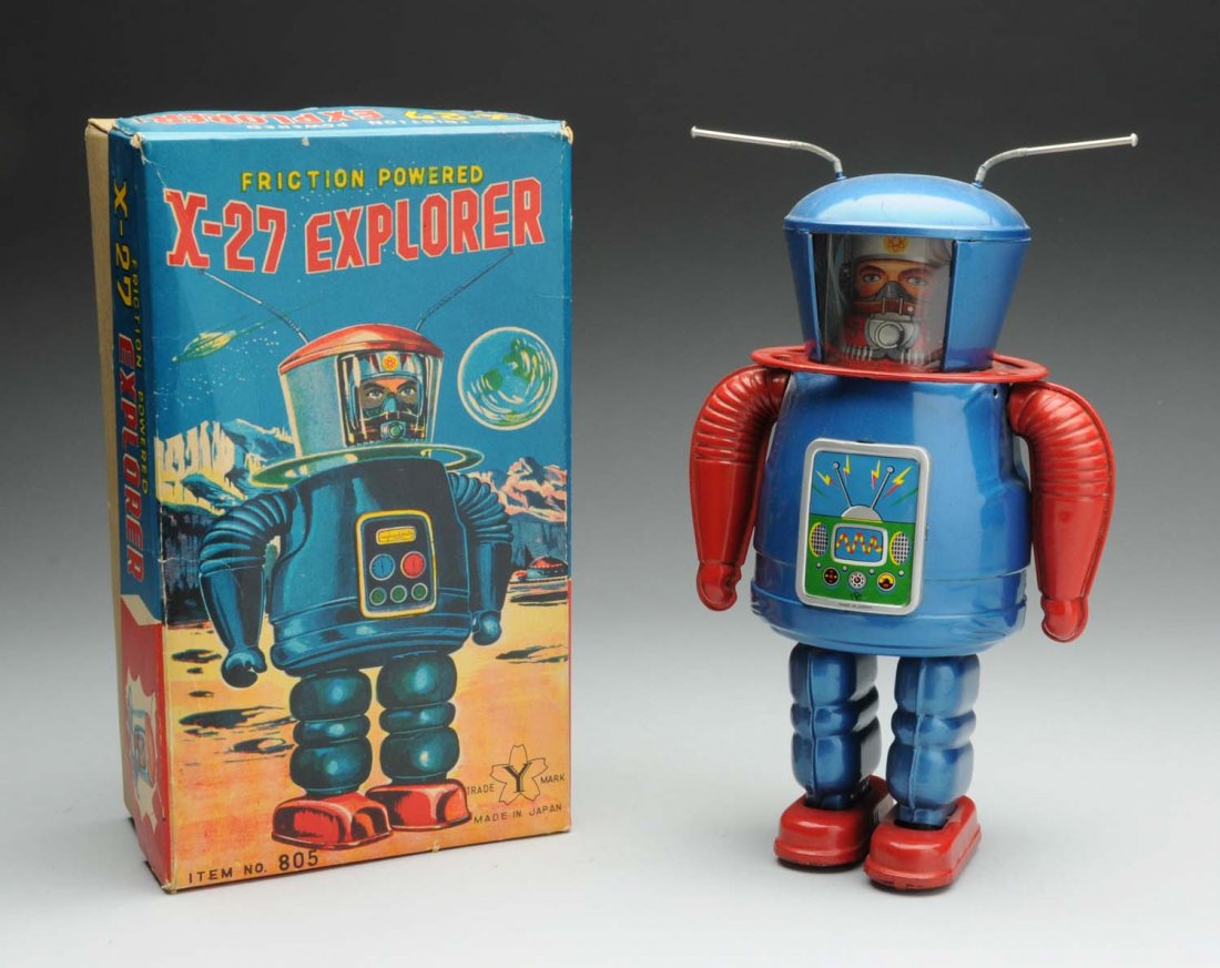 Tin Litho Friction X-27 Explorer Astronaut.: Japanese. Comes in colorful original box; marked "Made in Japan" and "Y" for Yonesowa. Beautiful depiction of explorer walking on foreign planet. Some creasing to upper corners of box. Toy has mechani