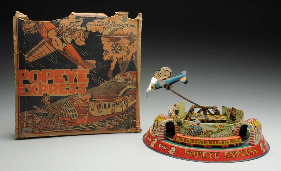 Marx Tin Litho Wind-Up Popeye Express Toy.: Includes colorful original box. Box is incomplete and missing the top flap and other sections. Also has some creasing and tearing throughout. Toy has original Popeye pilot and propeller. Nice original