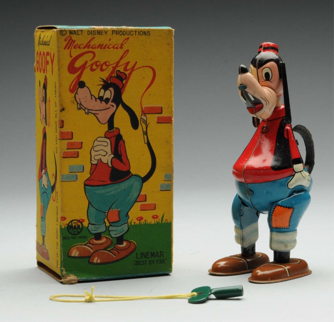 Linemar Tin Litho Walt Disney Goofy Whirltail.: Comes in nice original box with beautiful graphics. Box is complete, just has some edge wear. Toy itself has original tin ears and rubber tail, also includes original key. Minor scratching and wear to