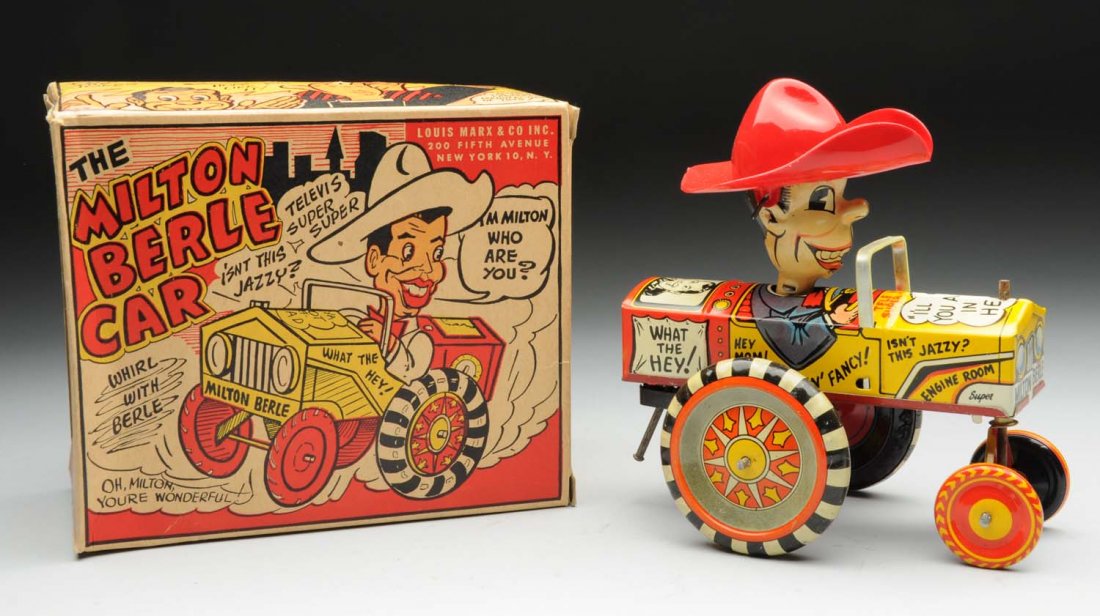 Marx Tin Litho Wind - Up Milton Berle Whoopie Car: Includes original box with beautiful graphics of Milton riding in car, also has 1950s sayings form Milton's tv show. Box is crisp and has very little wear. Toy is all tin litho except for hat which is