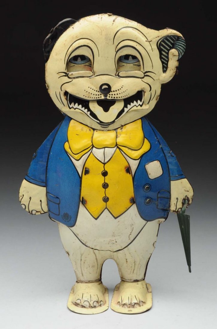 Very Scarce German Tin Litho Wind - Up Bonzo.: This figure depicts Bonzo standing holding umbrella when in operation eye move up and down as well as mouth. Unmarked, but probably Distler, very similar mold to Mickey Mouse toy of the same type. Ver