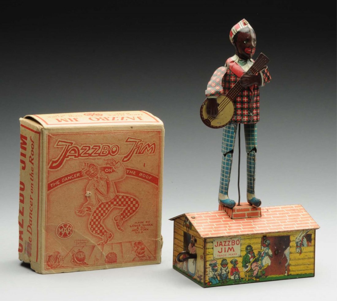 Unique Art Tin Wind-Up Jazzbo Jim Dancing Toy.: Includes original banjo. Roof has some fading and litho loss. Some scratching throughout. Also includes partial Marx Jazzbo Jim box. Box is original, but not to this toy. Box has some tape residue and