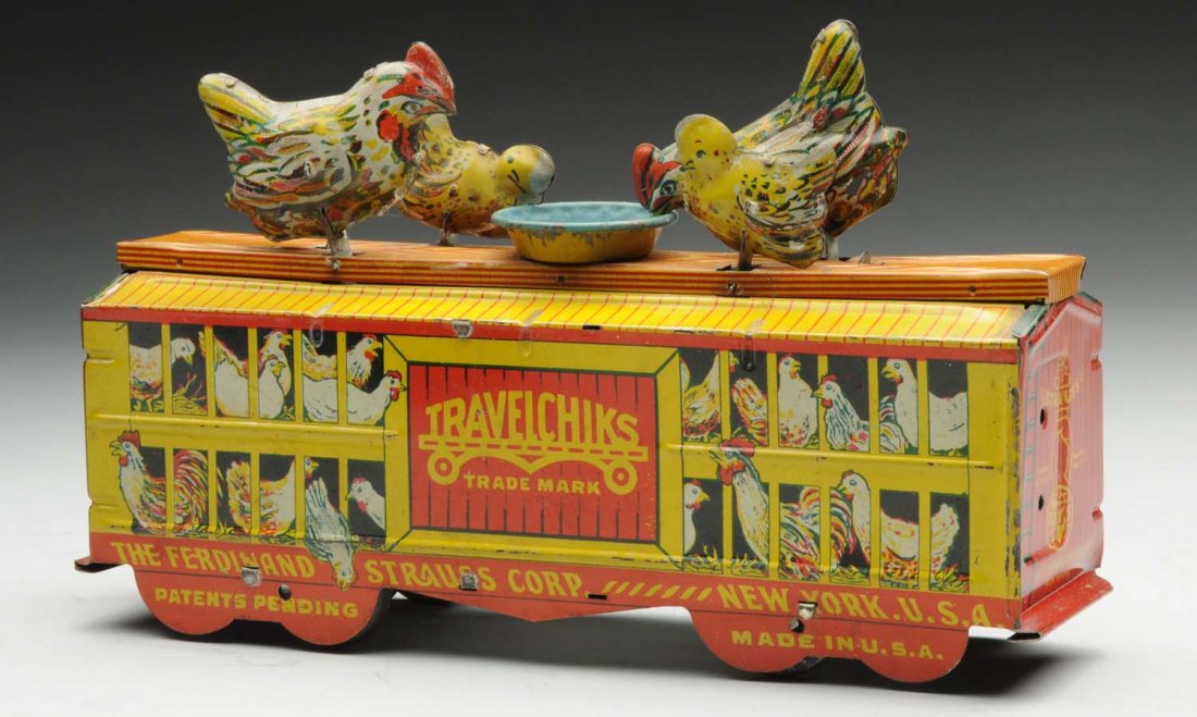 Strauss Tin Litho Wind-Up Travelchiks Toy.: Nice action. Minor scratching and wear throughout. Condition (Very Good - Excellent). Size 8 - 1/2" L.