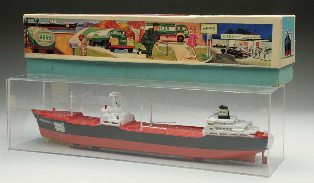 Scarce 1966 Plastic Hess Voyager Batt Op Boat Toy: Includes original box with cardboard insert. Box is very colorful, but does have some tearing and creasing. Also includes original "Here is Your Hess Voyager" insert. Nice Hess decals on sides. Comes