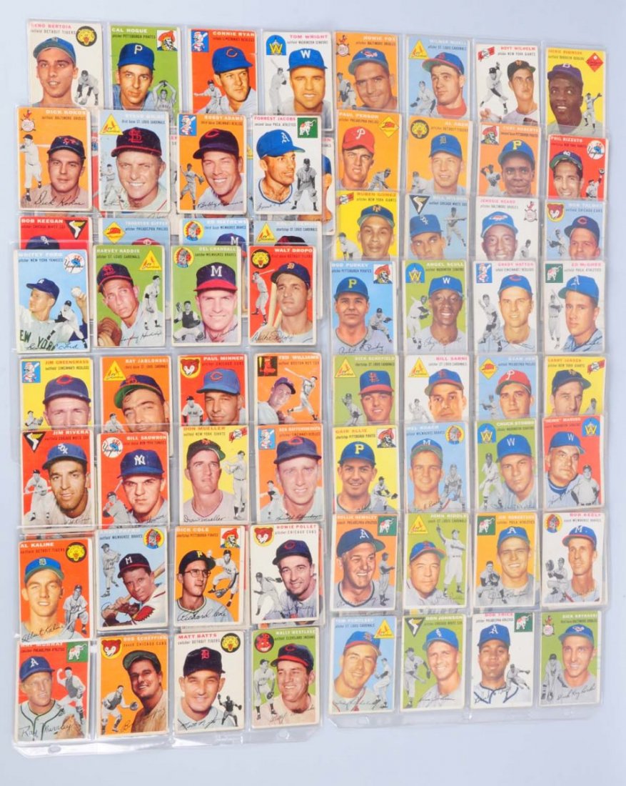 Lot of 94 1954 Topps Baseball Cards.: Includes 86 minor stars and common player. Also eight star and hall of fame players including: card no. 1 Ted Williams, No. 30 Eddie Mathews, No. 37 Whitey Ford No. 10 Jackie Robinson and others. Ted