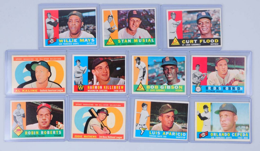 Lot of 11: 1960 Topps Baseball Cards.: Including ten Hall of Famers. Card No. 250 Stan Musial, Card No. 200 William Mays; has some creasing on left side middle and bottom corner. Card No. 73 Bob Gibson, no other major issues. There are als