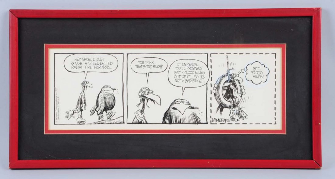 Jeff MacNelly. 1947-2000.: Original Shoe comic strip art, 1977. Ink on board. Signed lower right. Size 5" x 14".
