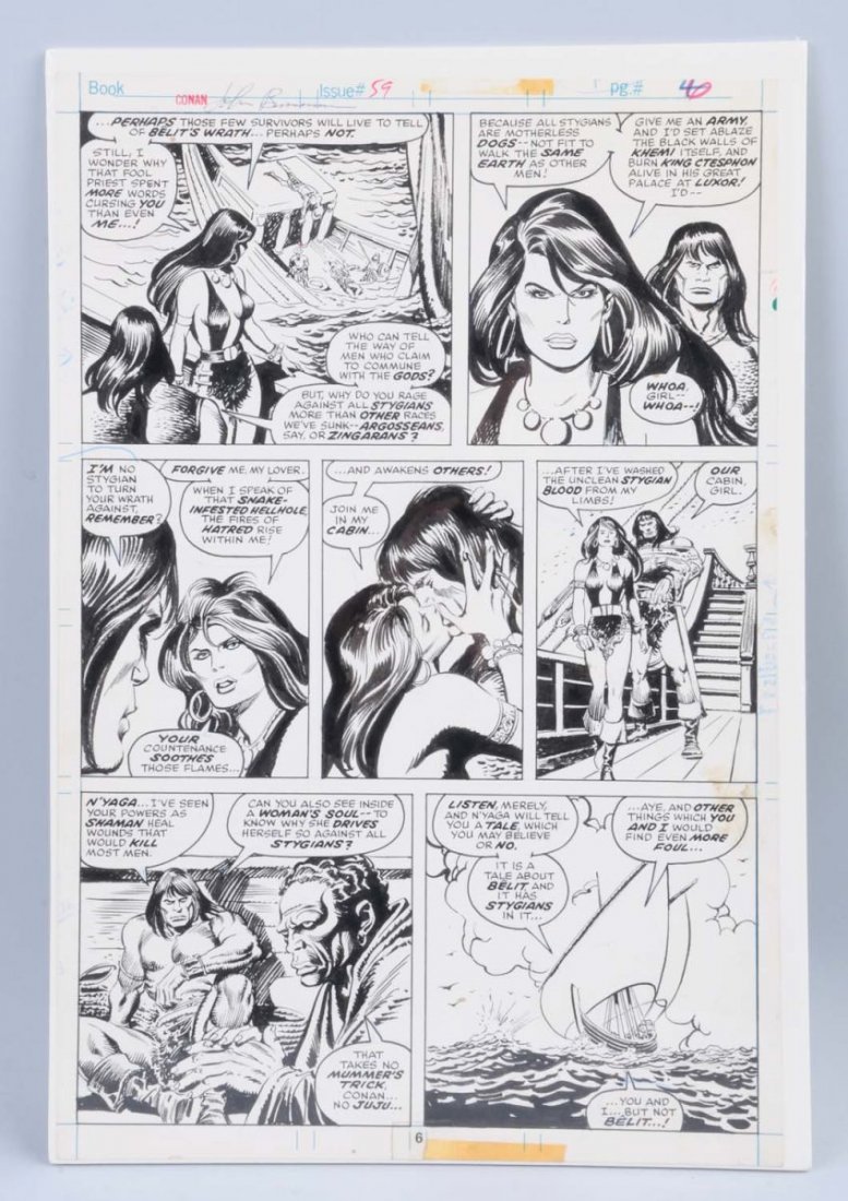 John Buscema Original Conan Comic Art.: This original illustration by John Buscema is from Conan No. 59. This is a great panel that features Conan and Belit. It is signed by Buscema. Condition (Excellent). Size 11" x 16 - 1/4"